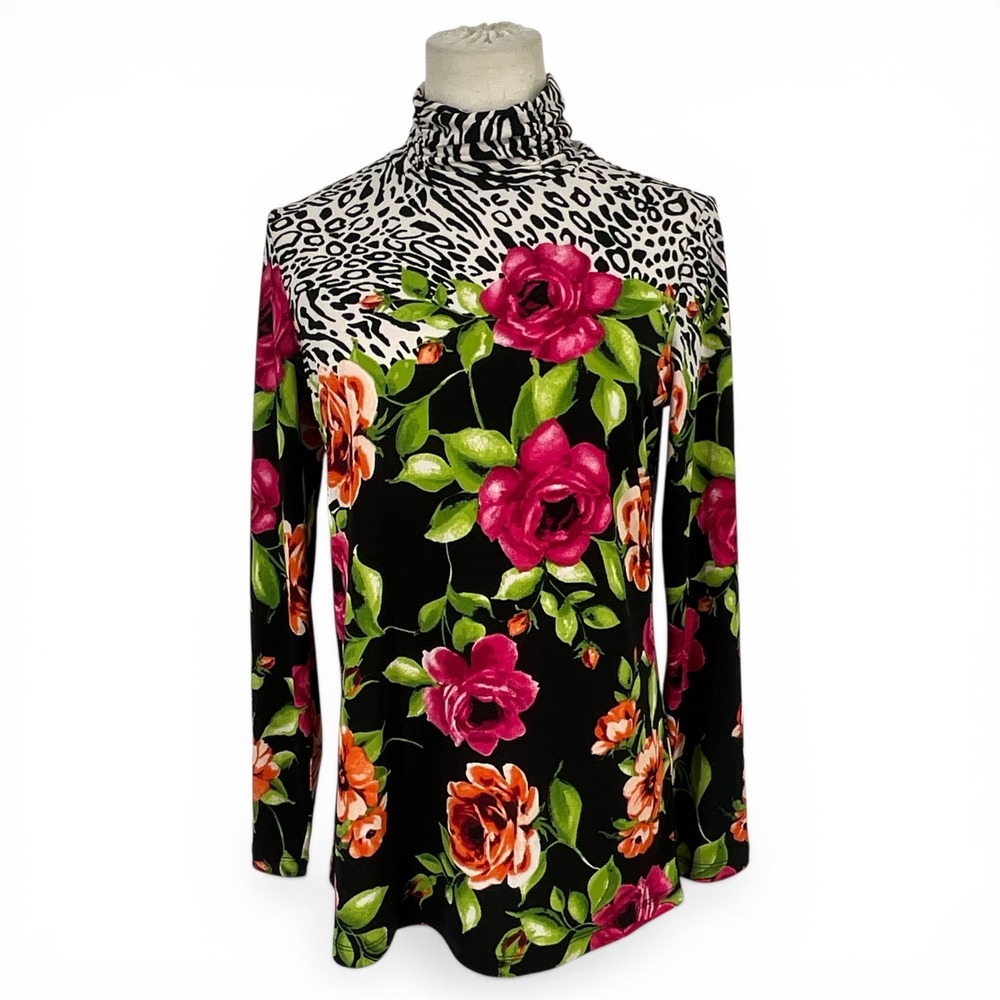 Susan Graver Liquid Knit Turtleneck Top XXS Colorful Animal Floral Print Black